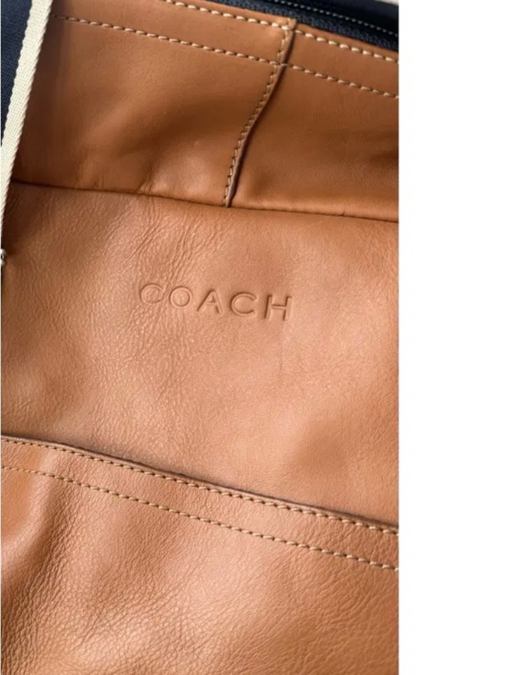 Coach Tan Leather Duffel with Navy and White Straps - Picture 4 of 5